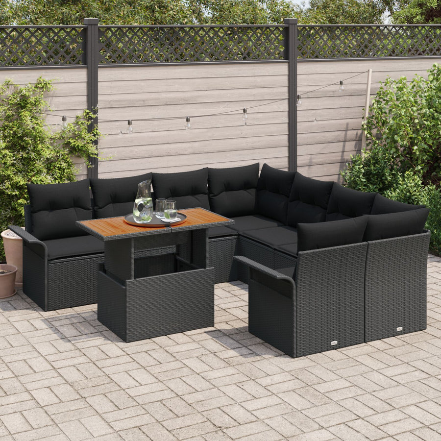 9-Delige Tuin Sofa Set Met Kussens Zwart Poly Rattan Acacia