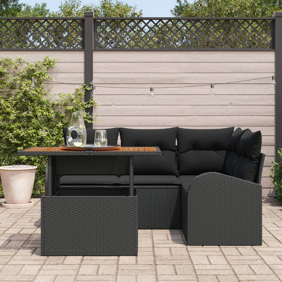 5-Delige Tuin Eetset Met Kussens Zwart Poly Rattan Acacia