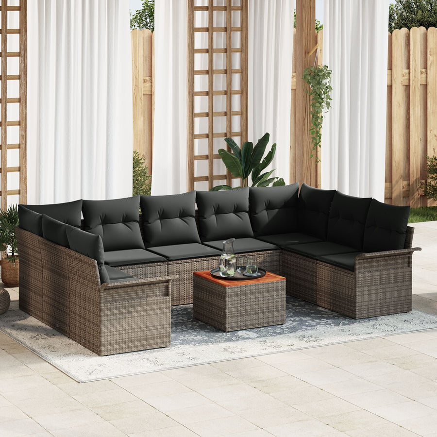 10-Delige Tuin Sofaset Met Kussens Grijs Poly Rattan Acacia