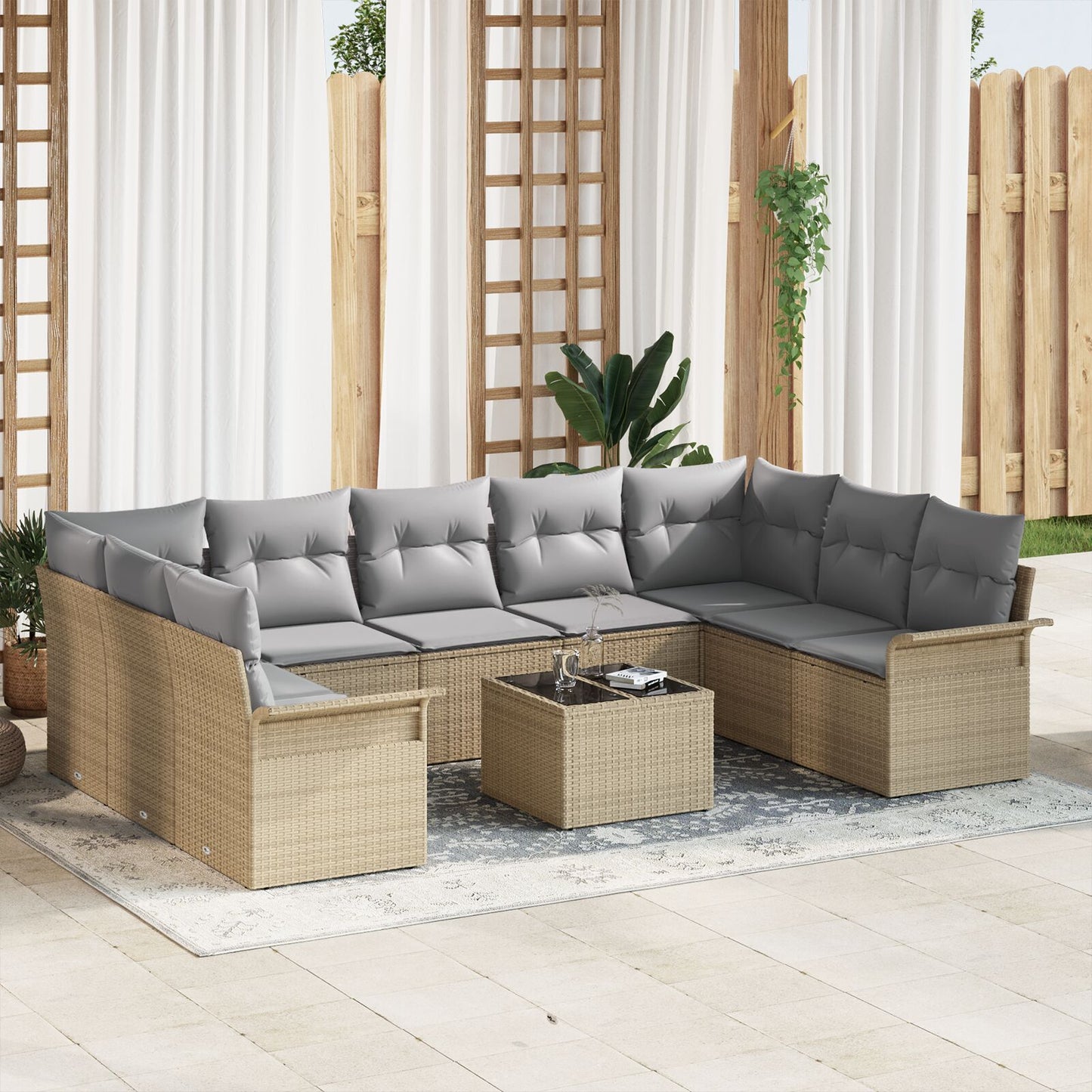 10-Delige Tuin Sofa Set Met Kussens Zwart Poly Rattan Beige en grijs met tafel