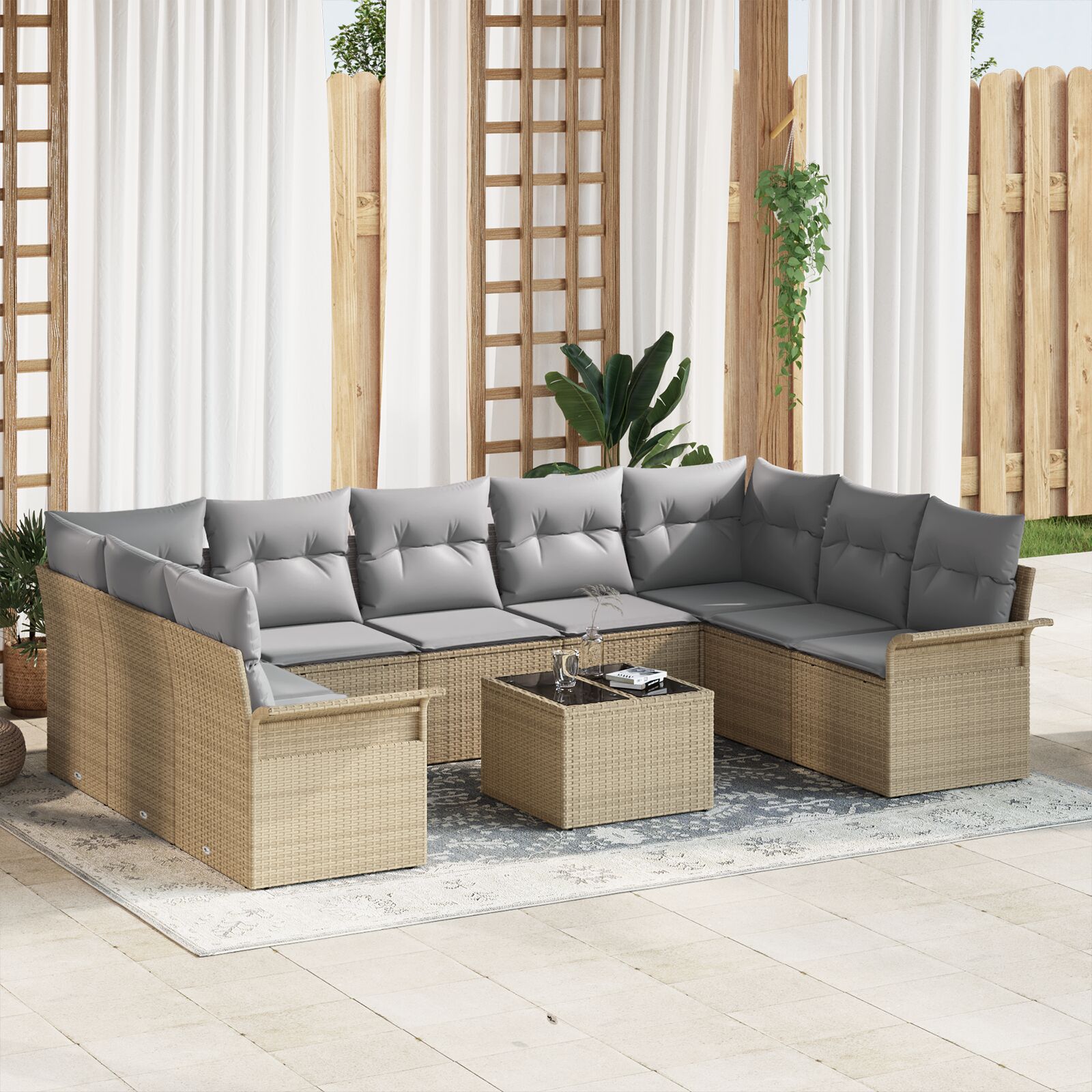 10-Delige Tuin Sofa Set Met Kussens Zwart Poly Rattan Beige en grijs met tafel