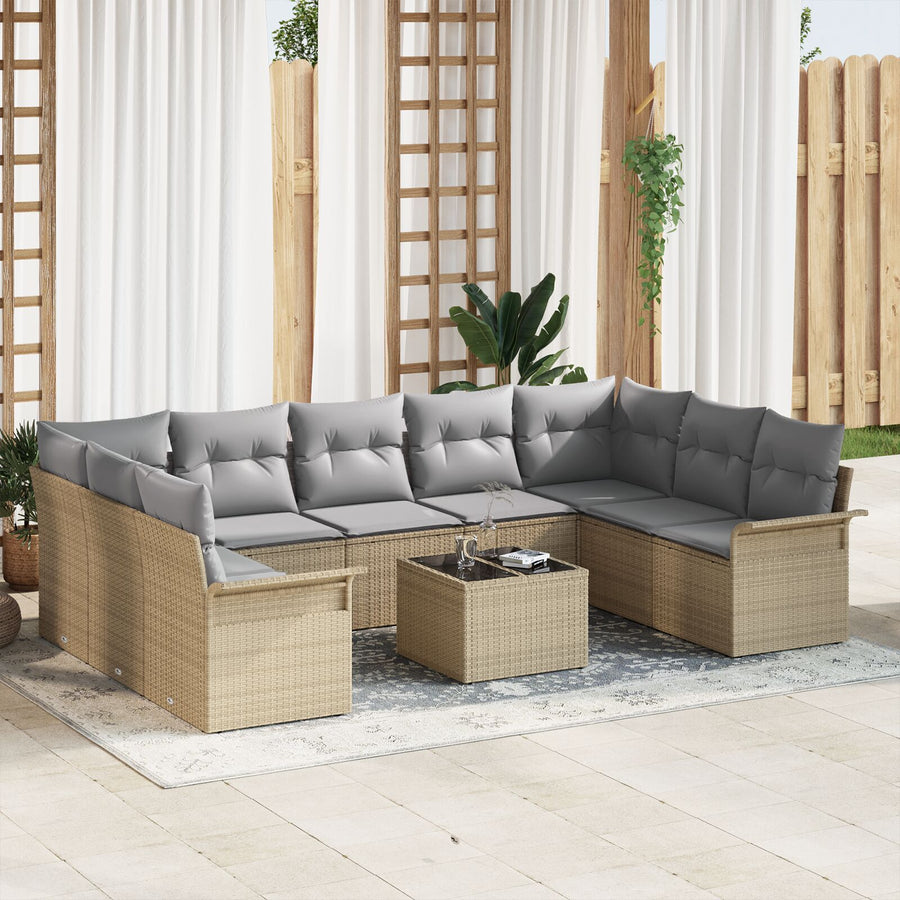 10-Delige Tuin Sofa Set Met Kussens Zwart Poly Rattan Beige en grijs met tafel