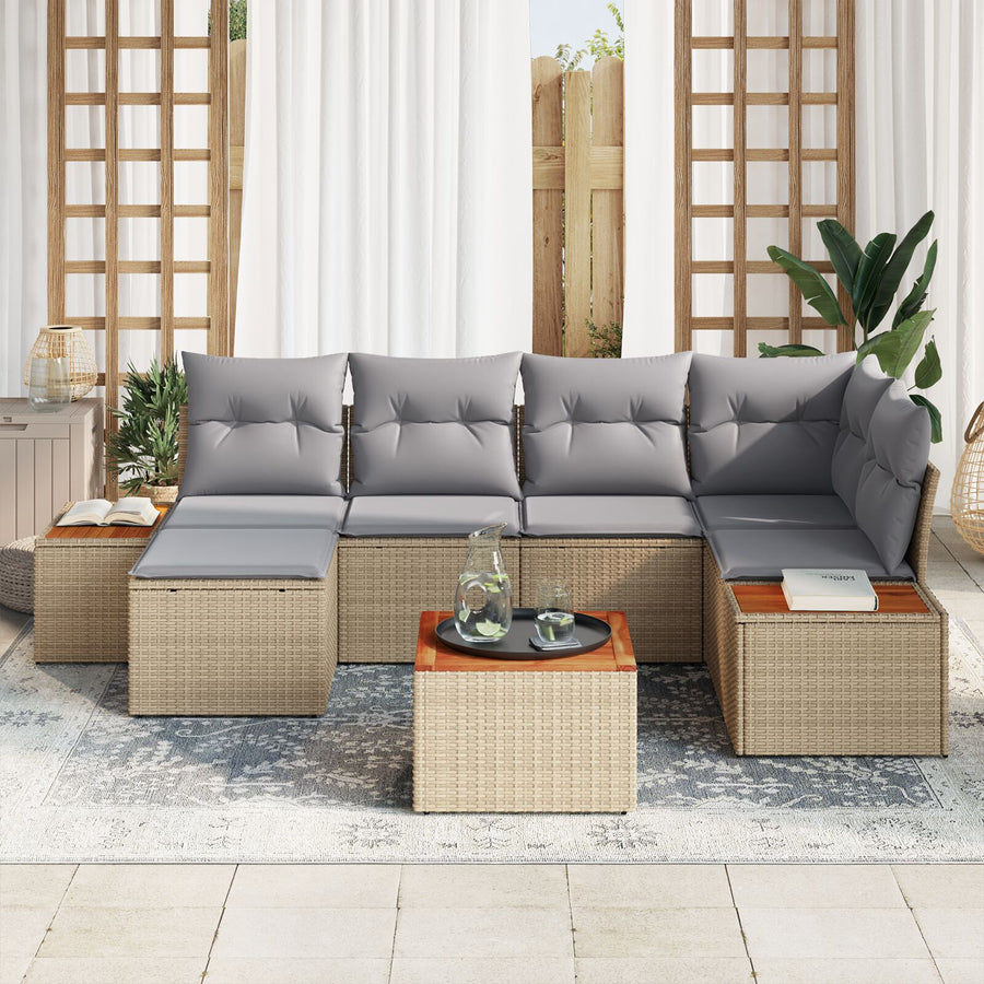 7-Delige Tuin Sofa Set Met Kussens Beige Poly Rattan Acacia