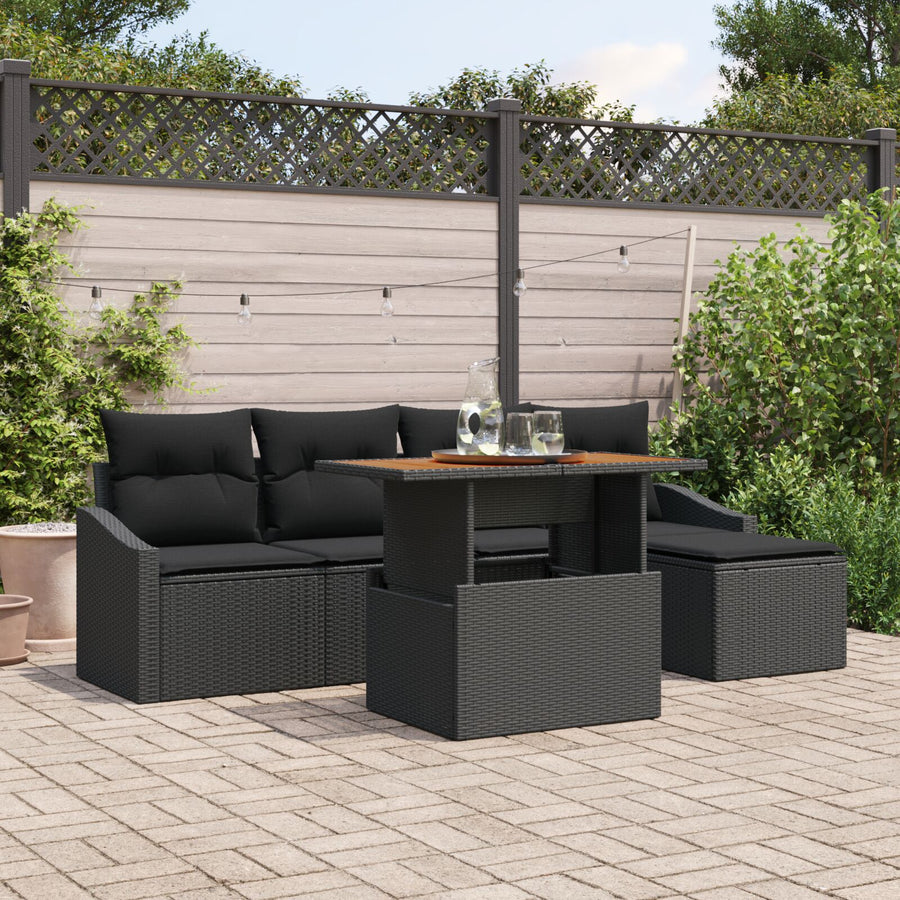 6-Delige Tuin Eetset Met Kussens Zwarte Poly Rattan Acacia