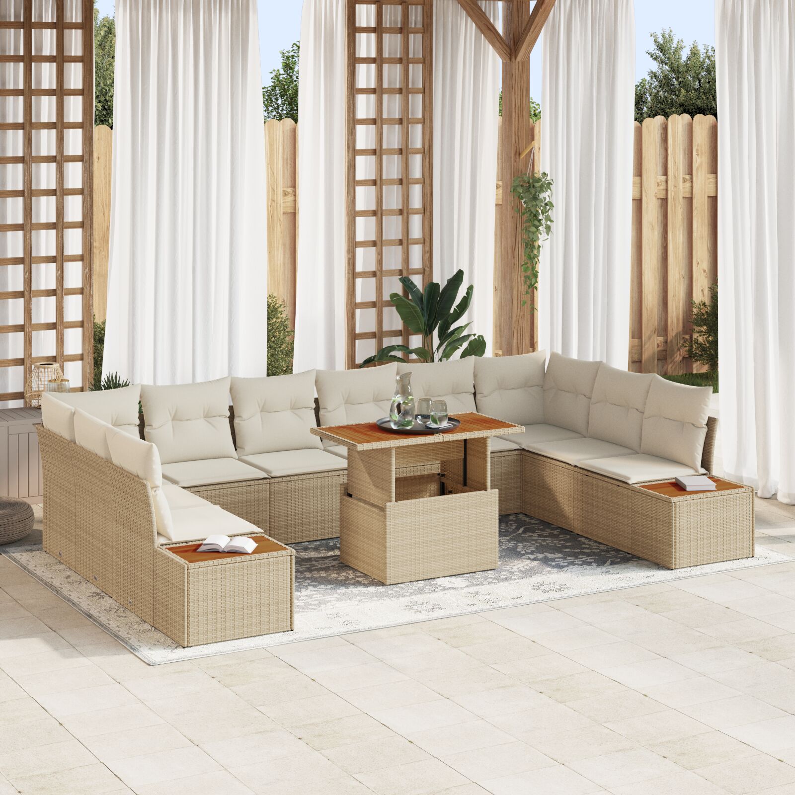 11-Delige Tuinset Met Kussens Beige Poly Rattan Acacia