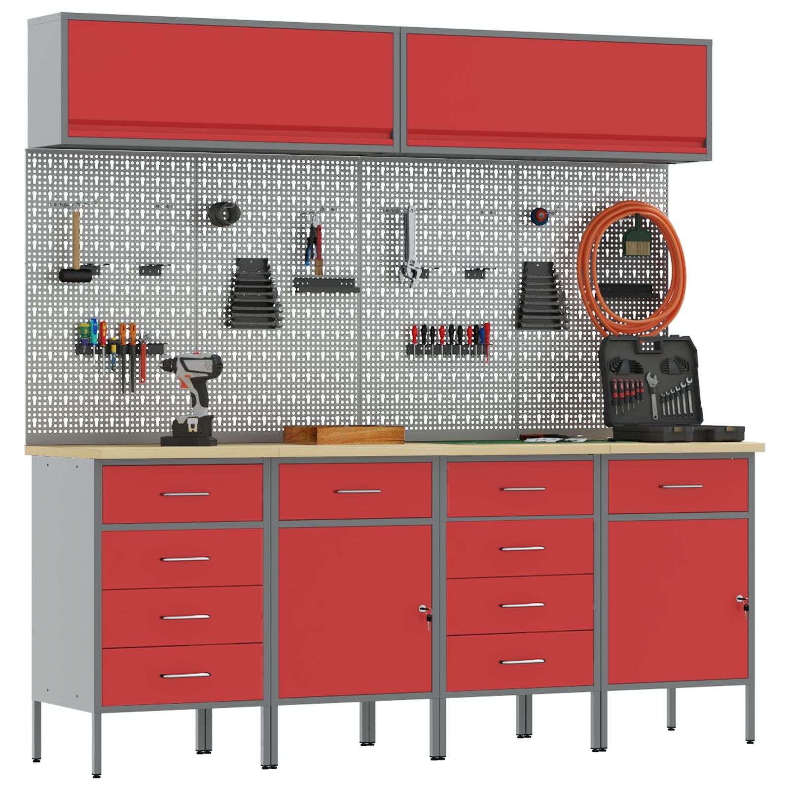10-Delige Werkkast En Pegboard Set Mdf En Metaal 4x (2x84/2x85 cm) Rood 4x kast + 4x pegboard + 2x kast met deur
