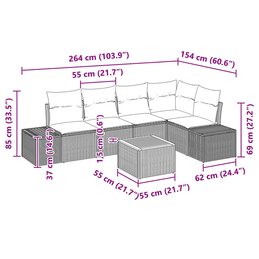 6 Delige Tuin Sofa Set Met Kussens Zwart Poly Rattan Acacia
