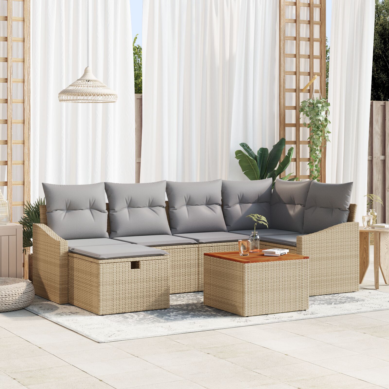 7 Delige Tuinbankset Met Kussens Beige Poly Rattan Wit