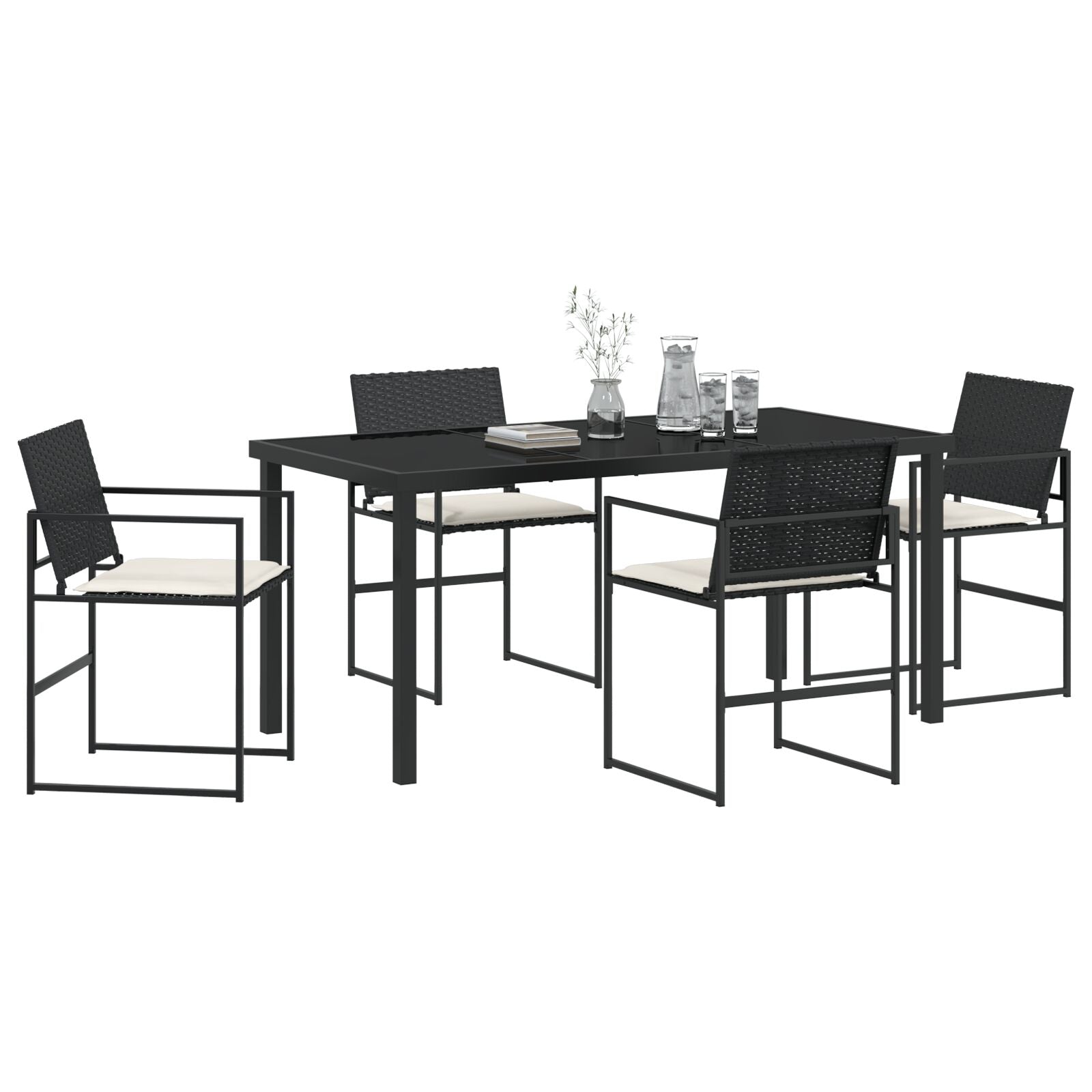 5 Delige Tuin Eettafel Set Met Kussens Zwart Poly Rattan