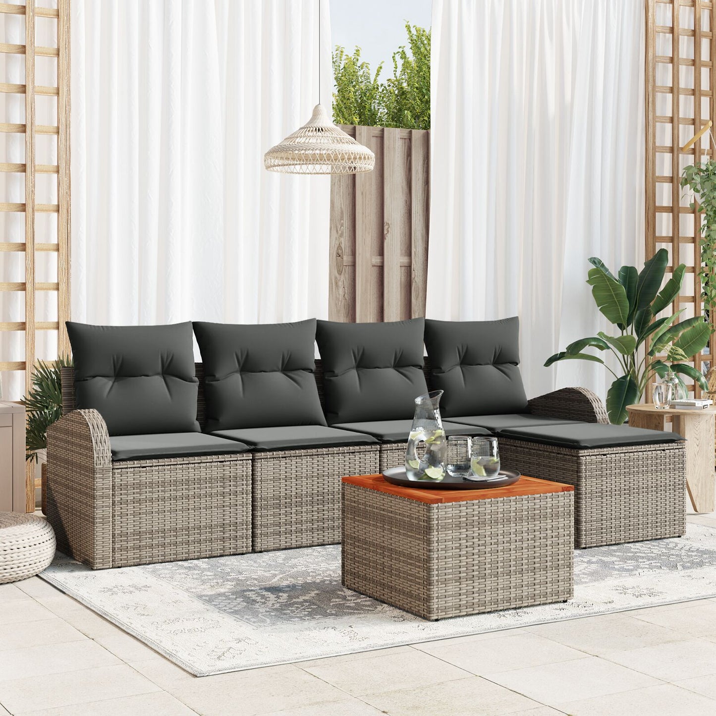 6-Delige Tuin Sofa Set Met Kussens Grijs Poly Rattan Acacia