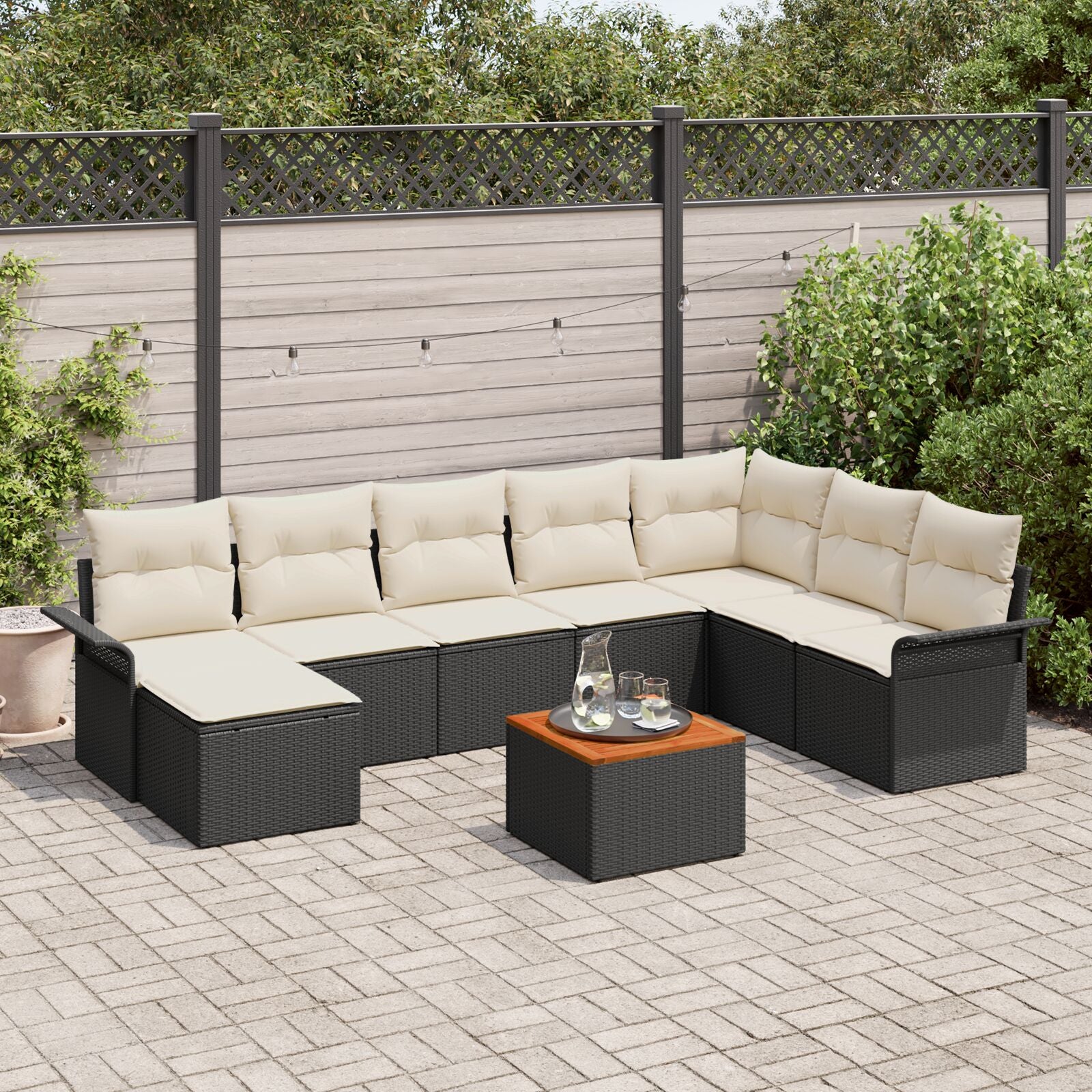 Tuin Sofa Set Set Van 9 Zwart En Crème Rattan En Stof