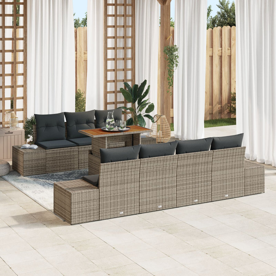 Tuin Sofa Set Set Van 8 Grijs Rattan, Glas, Hout, Metaal