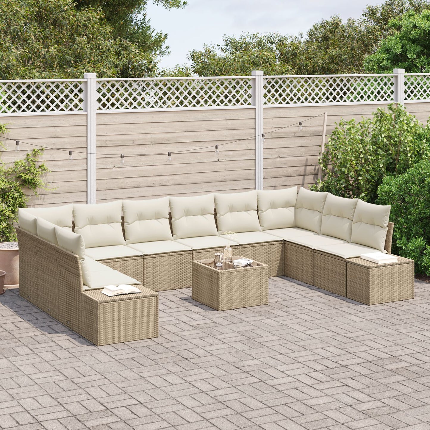11-Delige Tuin Sofa Set Met Kussens Bruin Poly Rattan Beige en crème met tafel