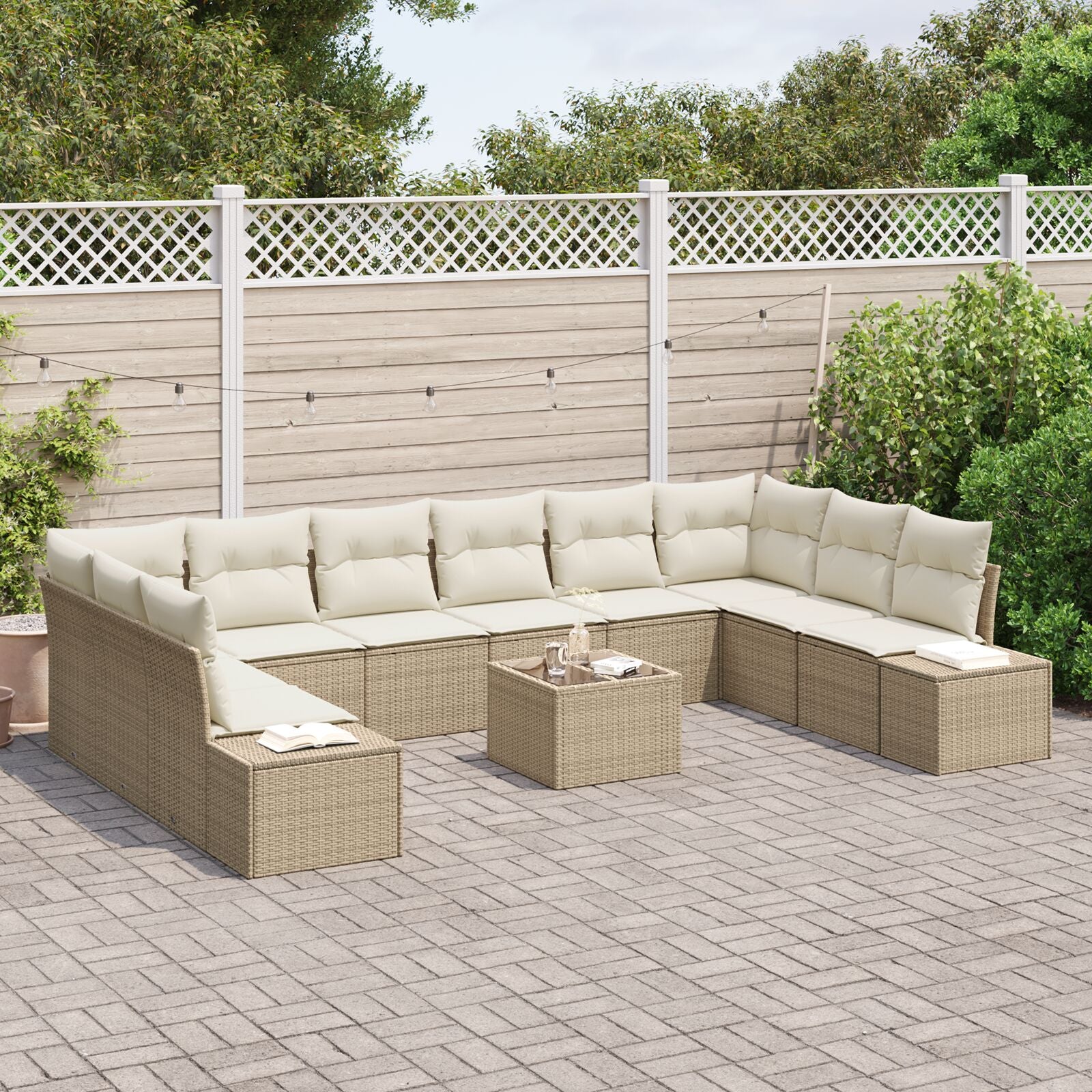 11-Delige Tuin Sofa Set Met Kussens Bruin Poly Rattan Beige en crème met tafel