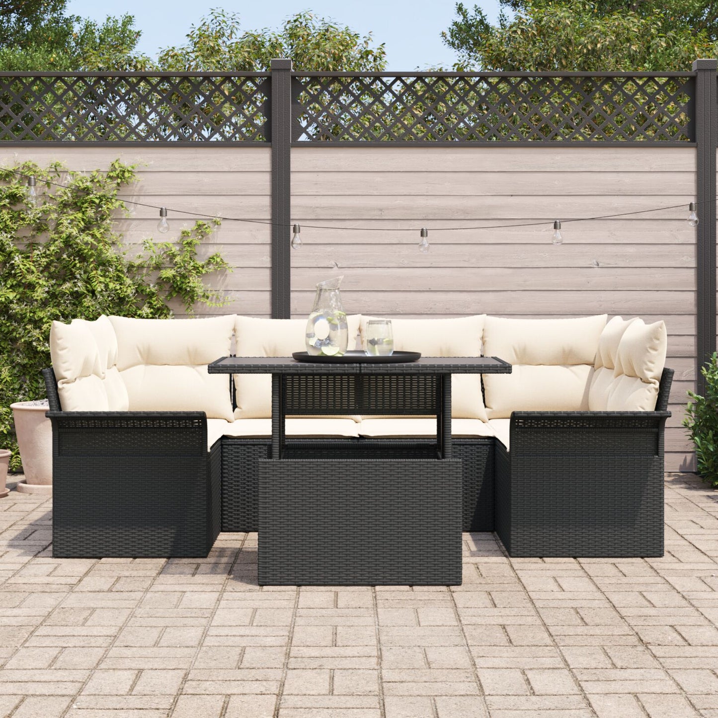 7-Delige Tuin Sofa Set Met Kussens Zwart Poly Rattan