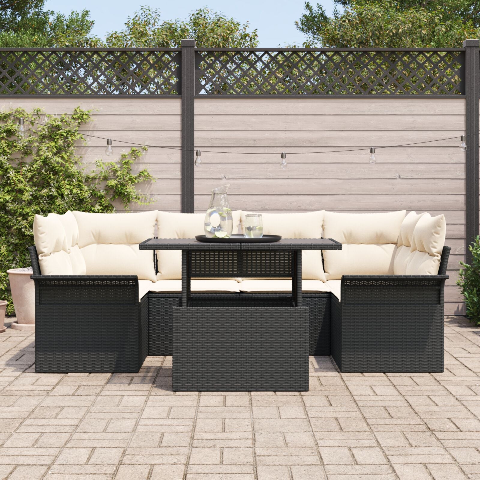 7-Delige Tuin Sofa Set Met Kussens Zwart Poly Rattan
