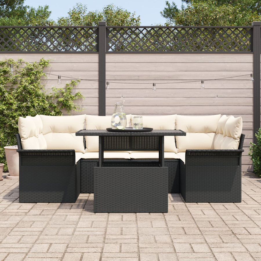 7-Delige Tuin Sofa Set Met Kussens Zwart Poly Rattan