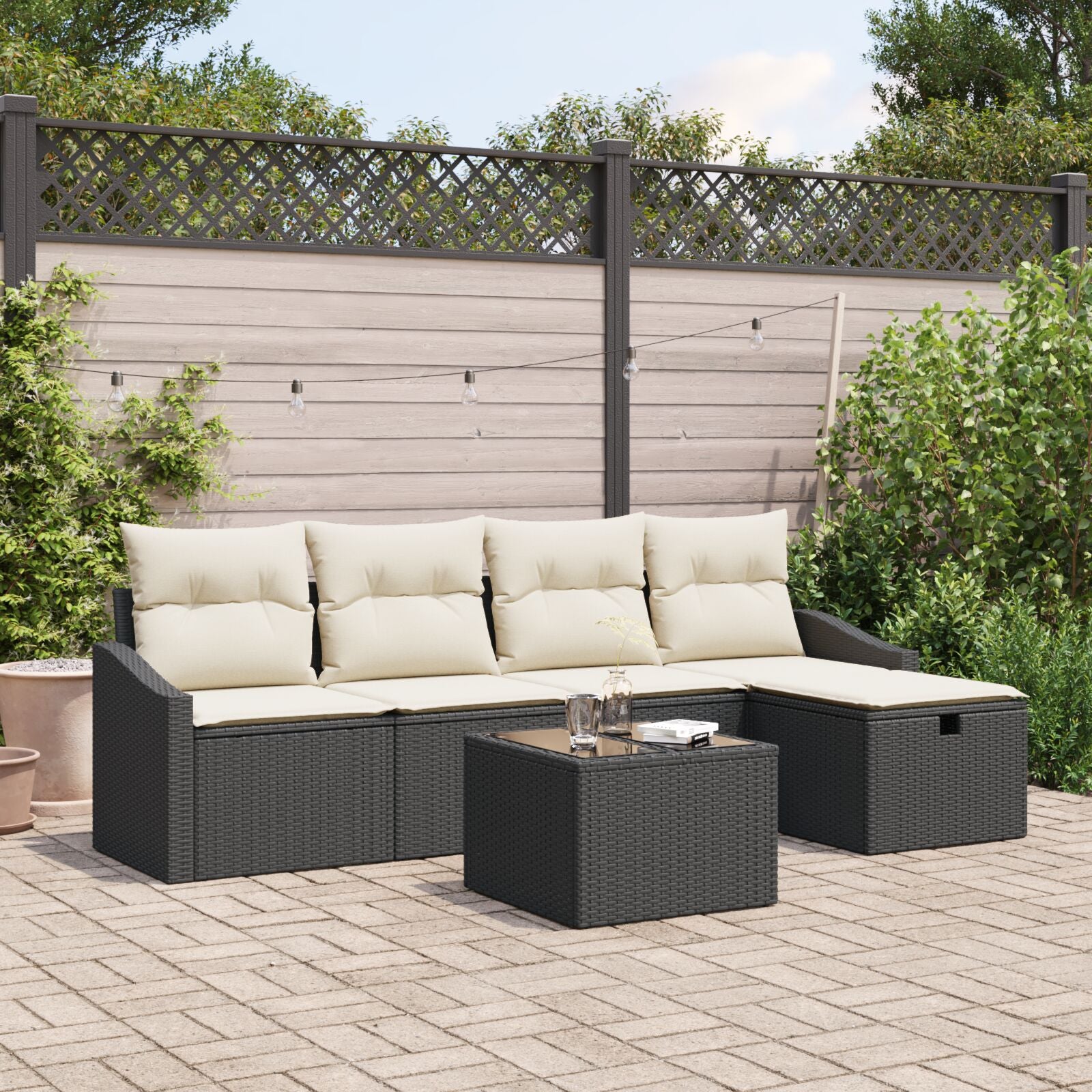 6-Delige Tuin Sofa Set Met Kussens Zwart Poly Rattan Wit