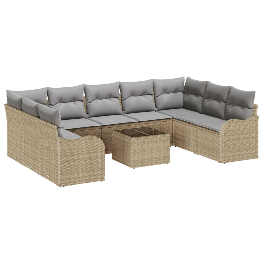 10-delige Tuin Sofa Set met Kussens Zwart Poly Riet, vidaXL 2-zitter Tuin Sofa met Kussens Beige Poly Riet