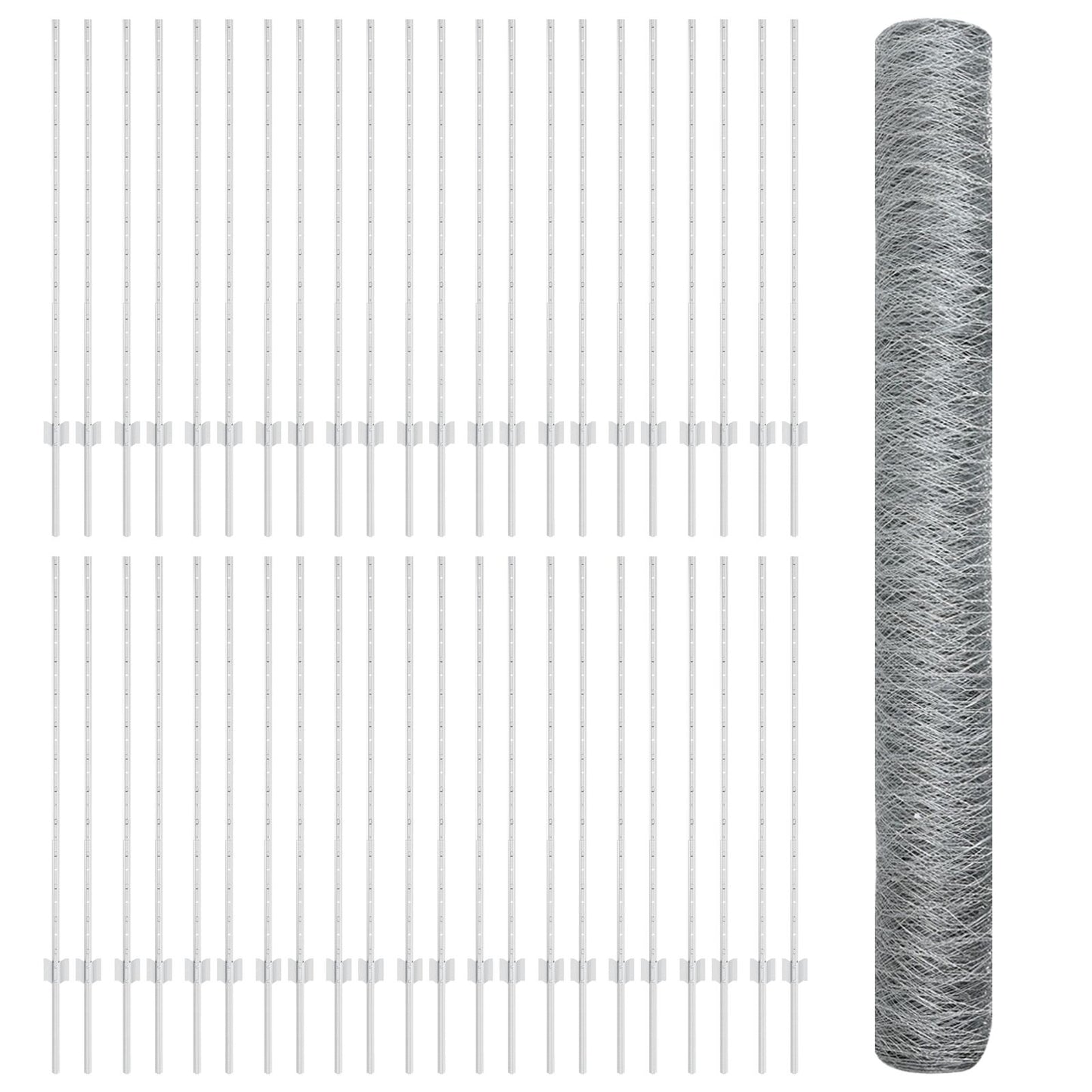 Omheiningspalen 22 St U-Kanaal 120 Cm Gegalvaniseerd Staal,  Hexagonale Omheining 1,2X100 M Gegalvaniseerd Staal