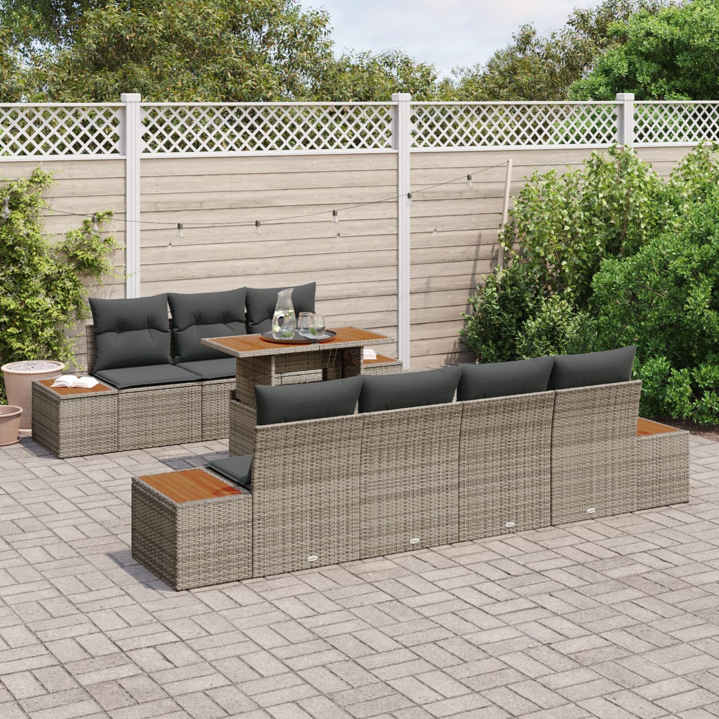Tuinbank Set Set Van 8 Grijs Poly Rattan, Hout Tuinmeubels