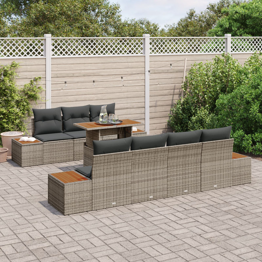 Tuinbank Set Set Van 8 Grijs Poly Rattan, Hout Tuinmeubels