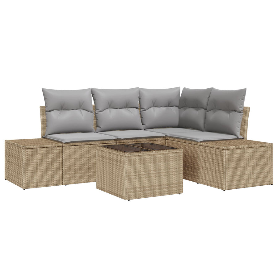 5-Delige Tuin Sofa Set Met Kussens Zwart Poly Rattan Beige en Lichtgrijs met tafel