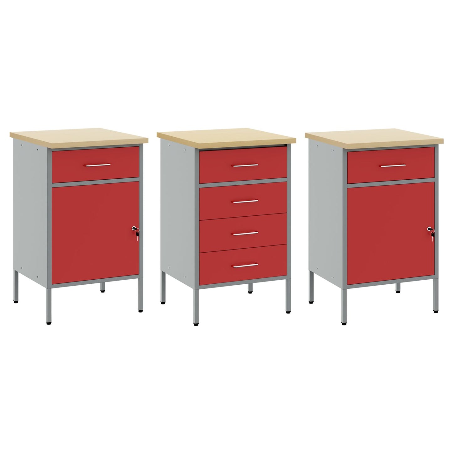 3-Delige Werkcabinetset & Grijs Van Gegalvaniseerd Hout En Staal 3x (84/84/85 cm) Rood 3x cabinet