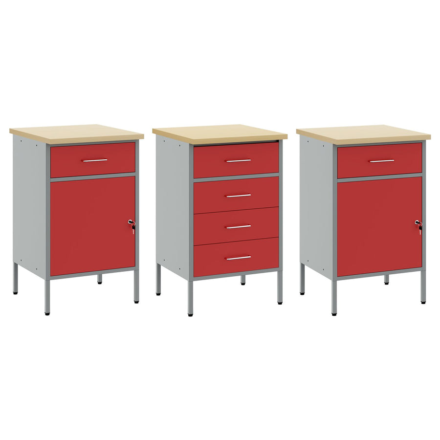 3-Delige Werkcabinetset & Grijs Van Gegalvaniseerd Hout En Staal 3x (84/84/85 cm) Rood 3x cabinet