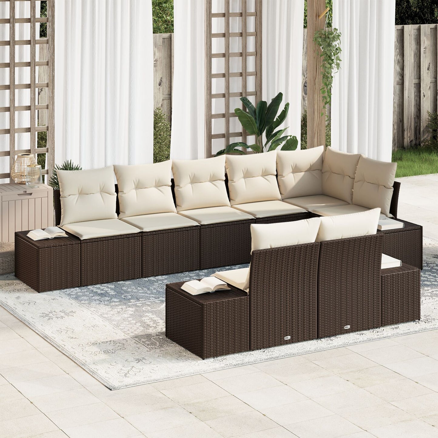 8-Delige Tuin Sofaset Met Kussens Poly Rattan Bruin en crème zonder tafel