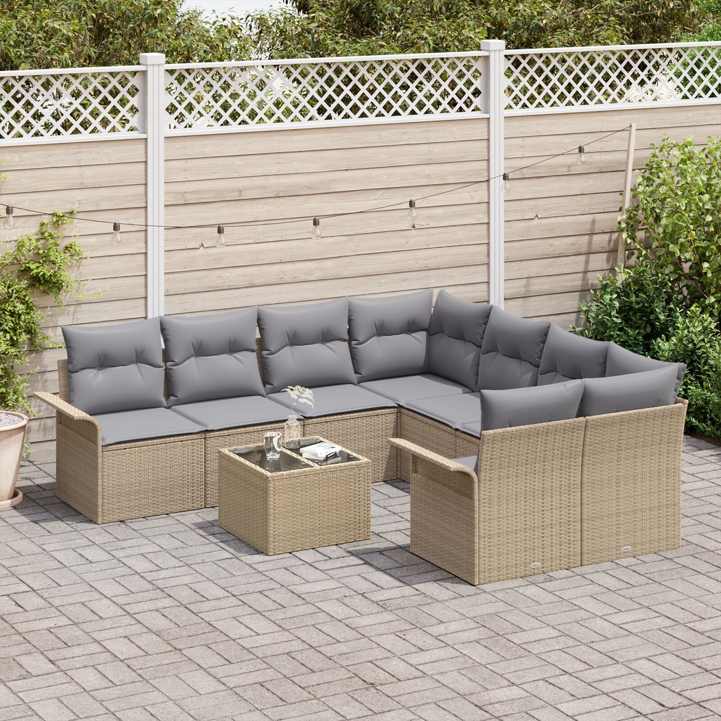 9-Delige Tuin Sofa Set Met Kussens Beige Poly Rattan, 2-Zits Tuin Sofa Met Opslag & Kussens Beige Poly Rattan Gegalvaniseerd Staal