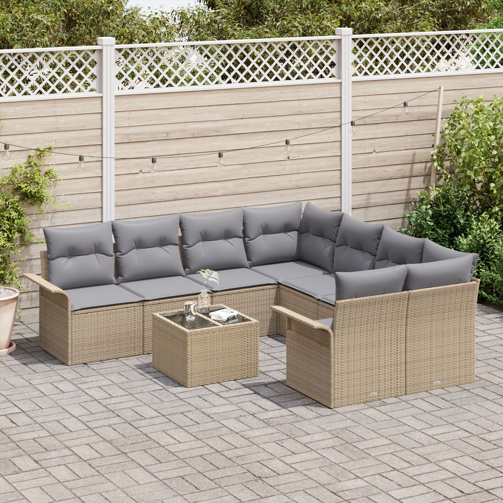 9-Delige Tuin Sofa Set Met Kussens Beige Poly Rattan, 2-Zits Tuin Sofa Met Opslag & Kussens Beige Poly Rattan Gegalvaniseerd Staal