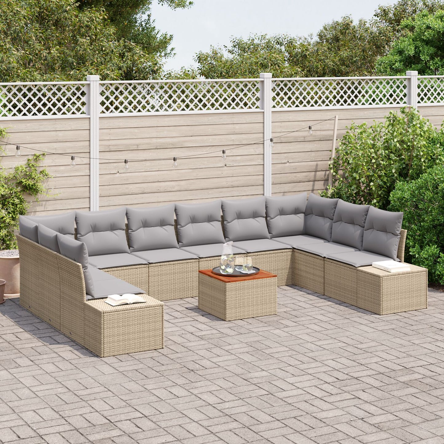 11-Delige Tuinsofa Set Met Kussens Beige Poly Rattan Acacia