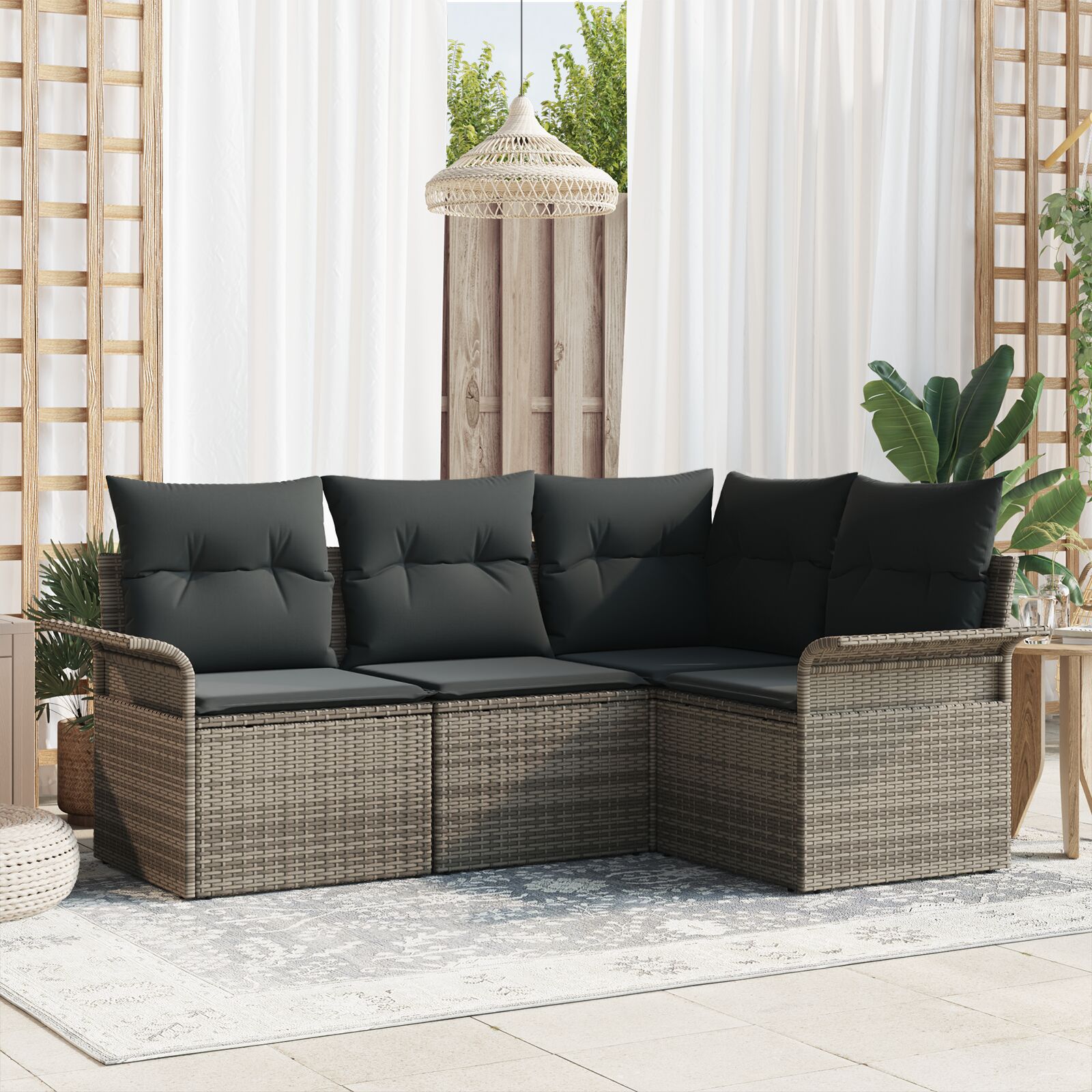 Tuin Sofa Set Set Van 4 Grijs Polyester Kussens En Rattan Basis