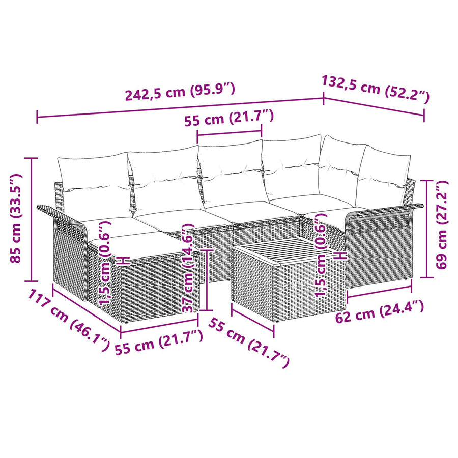 7-Delige Tuin Sofa Set Met Kussens Beige Poly Rattan Acacia