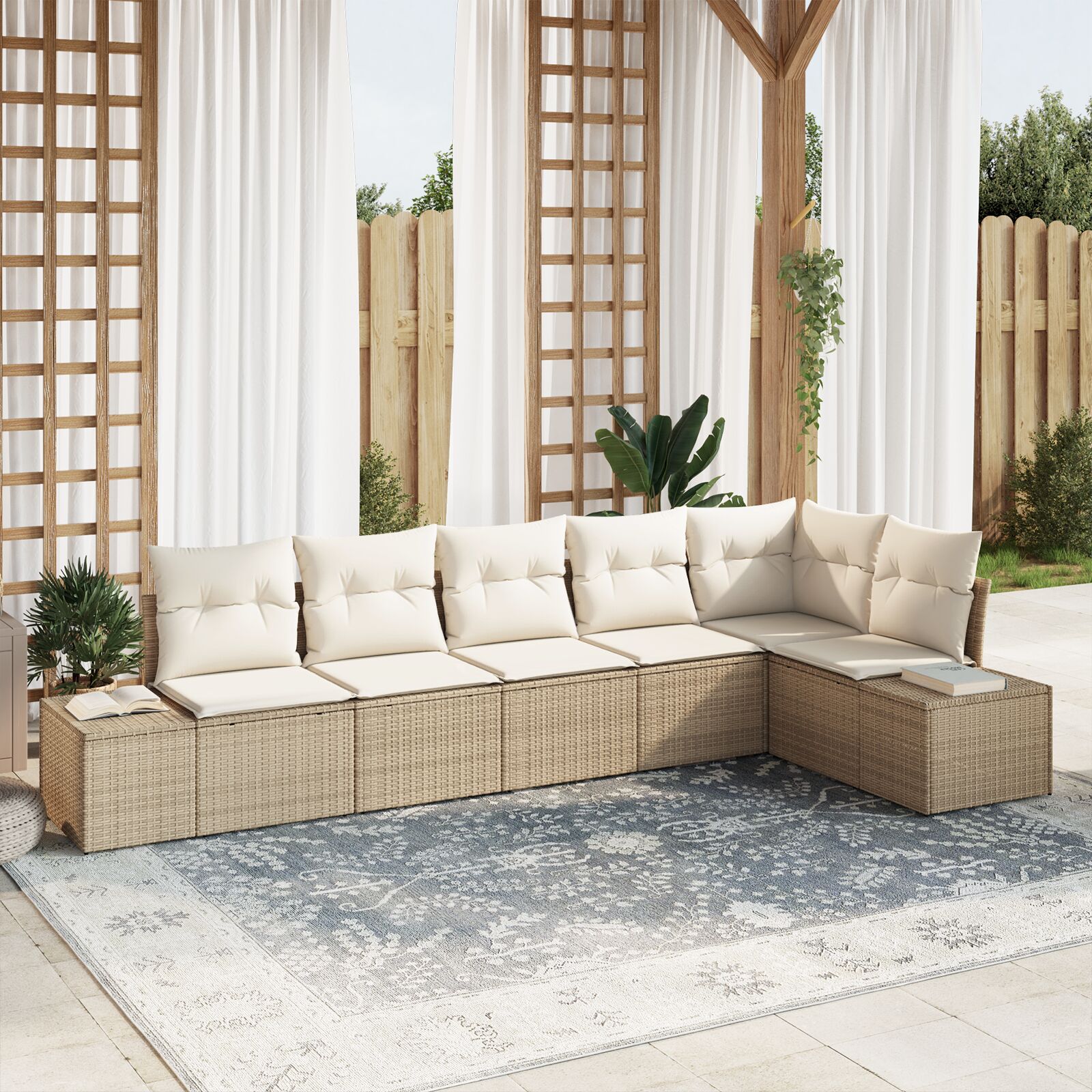 6-Delig Tuinbankstel Met Kussens Poly Rattan Beige en wit zonder tafel