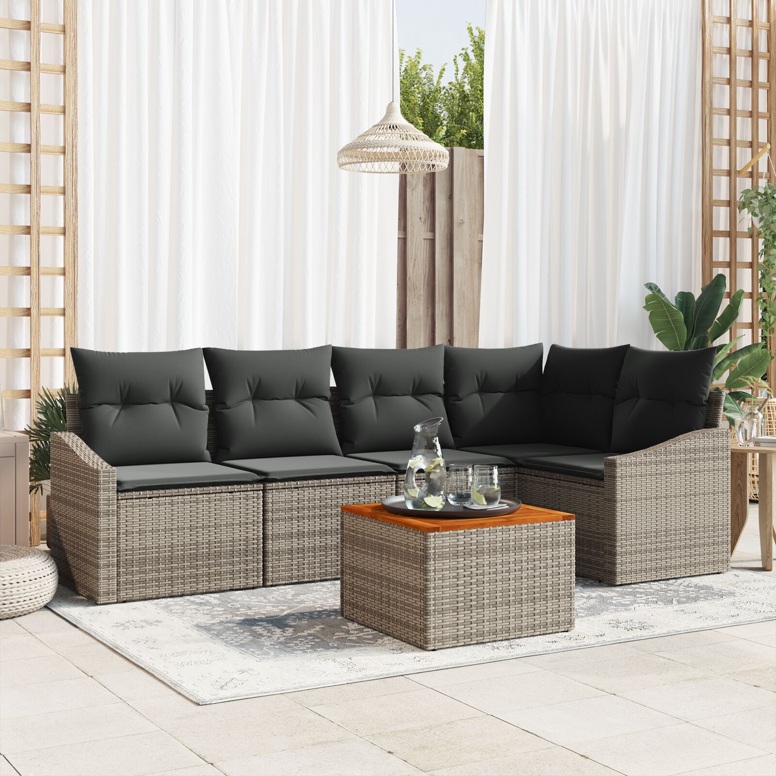6-Delige Tuin Sofa Set Met Kussens Grijs Poly Rattan Acacia