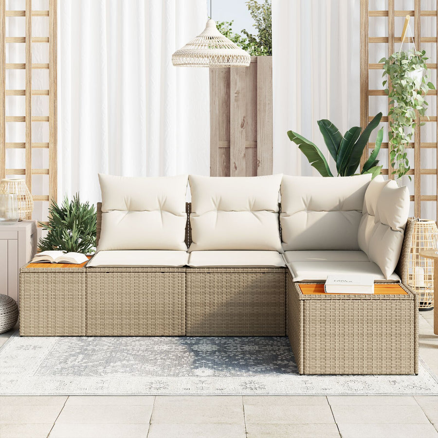 4-Delige Tuinbankset Met Kussens Beige Poly Rattan Acacia