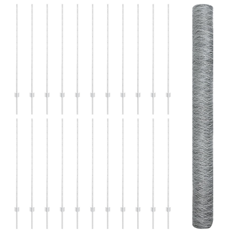 Hekpalen 22 stuks U-kanaal 140 cm Gegalvaniseerd staal, vidaXL Hexagon Hek 1,4x50 m Gegalvaniseerd staal