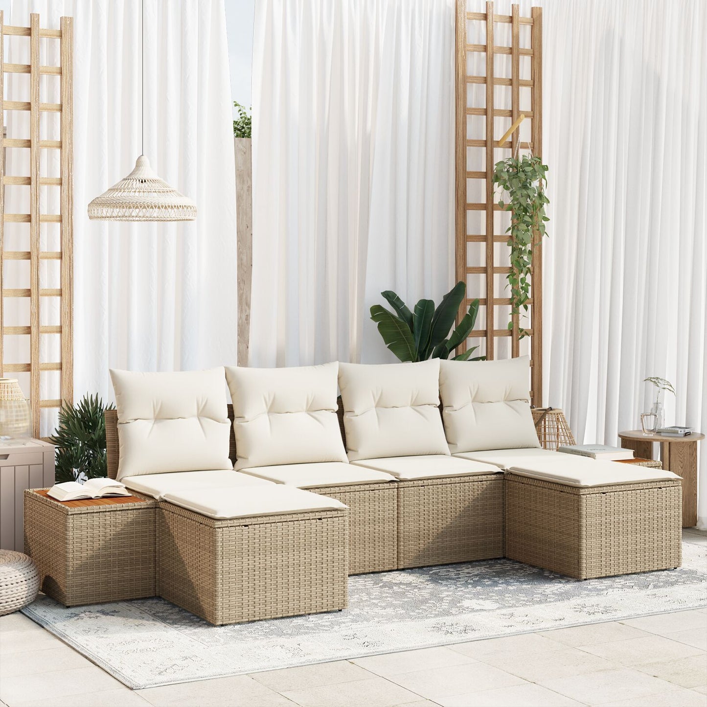 6-Delige Tuinhoekbankset Met Kussens Beige Poly Rattan Acacia