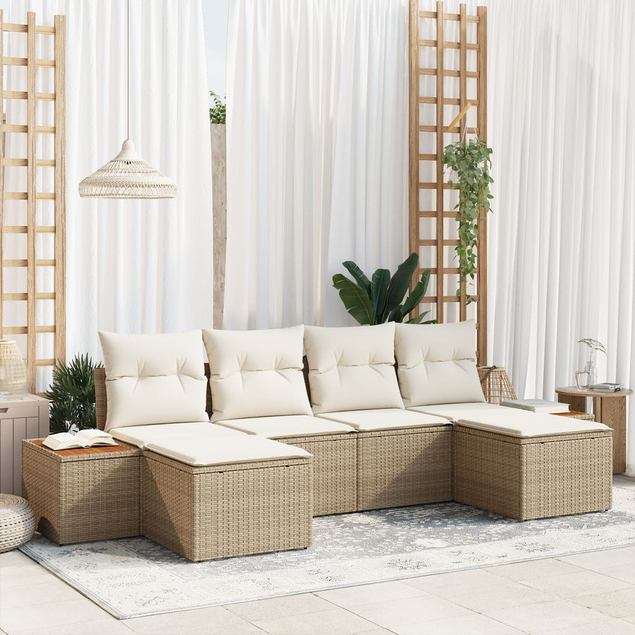 6-Delige Tuinhoekbankset Met Kussens Beige Poly Rattan Acacia