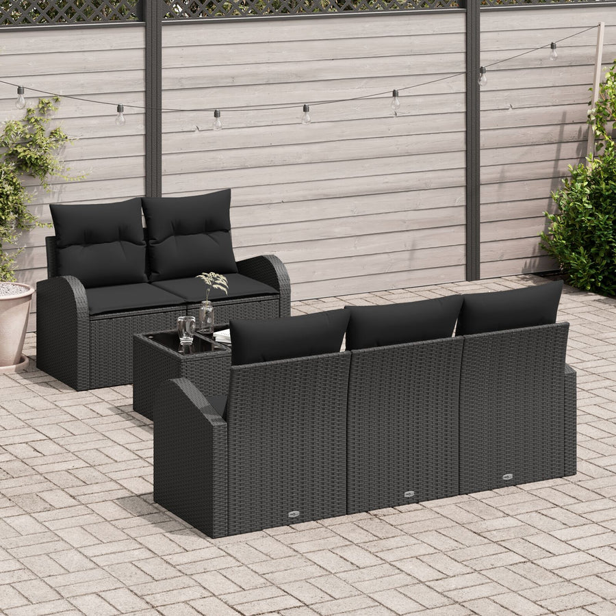 6-Delige Tuinbankset Met Kussens Zwart Poly Rattan