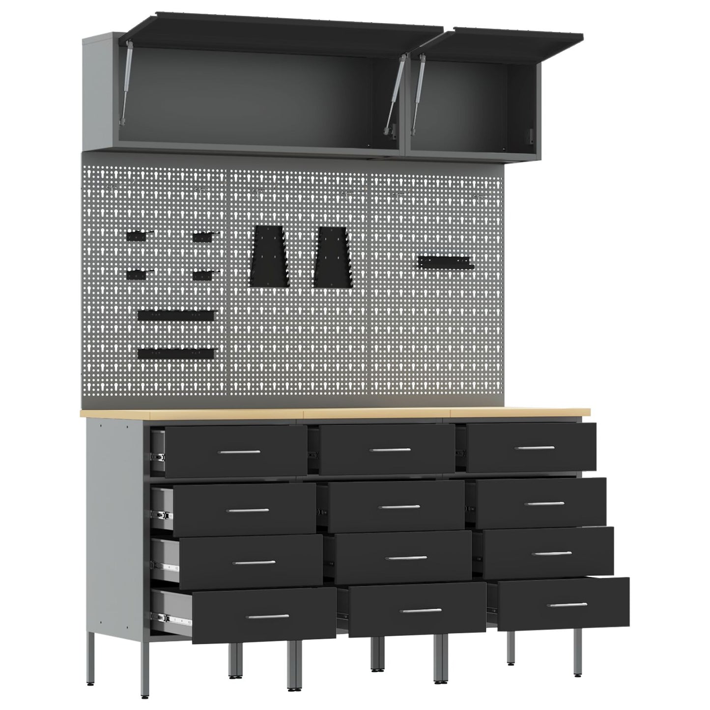 8-Delige Werkbank Set Staal 3x (85 cm) Zwart 3x kast + 3x pegboard + 2x kast met deur