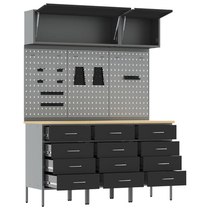 8-Delige Werkbank Set Staal 3x (85 cm) Zwart 3x kast + 3x pegboard + 2x kast met deur