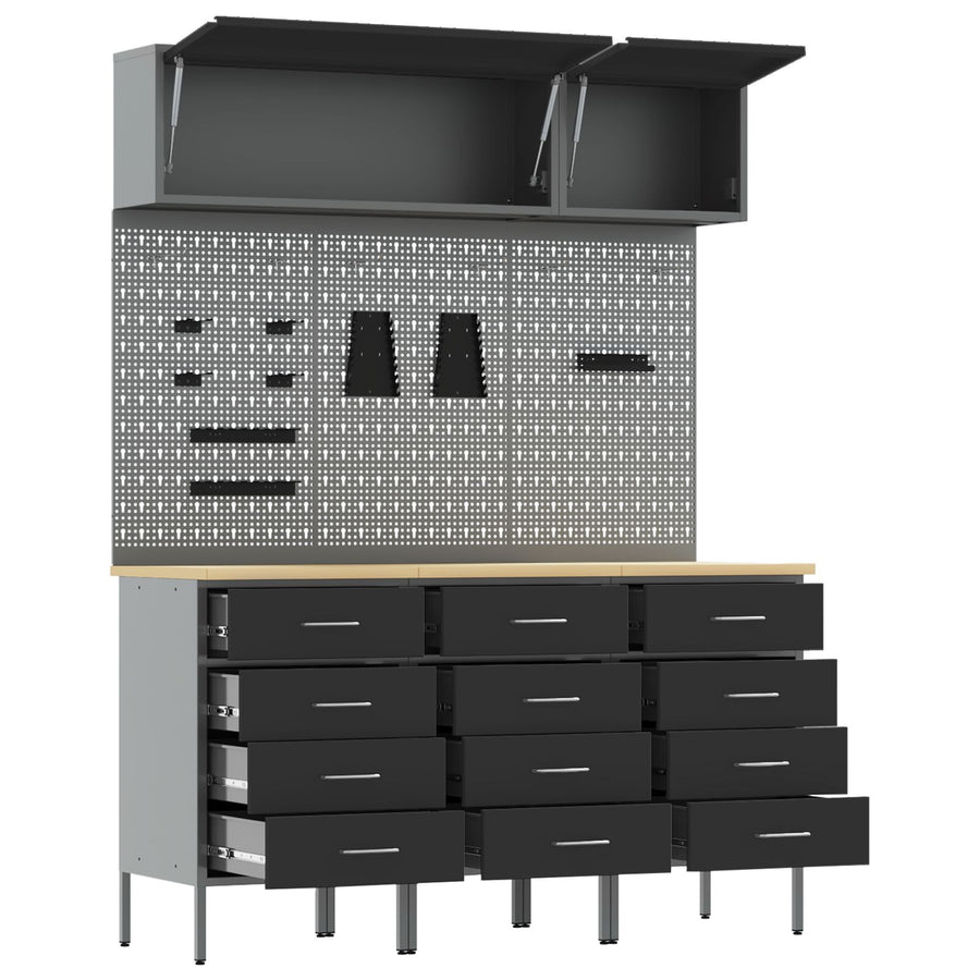 8-Delige Werkbank Set Staal 3x (85 cm) Zwart 3x kast + 3x pegboard + 2x kast met deur