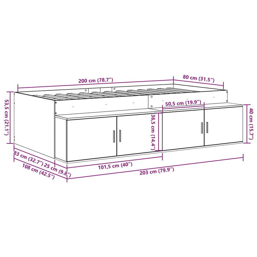 Opslagbedframe Zwart Eiken 80X200 Cm