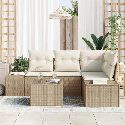 5-Delig Tuinbankstel Met Kussens Bruin Poly Rattan Beige en wit met tafel