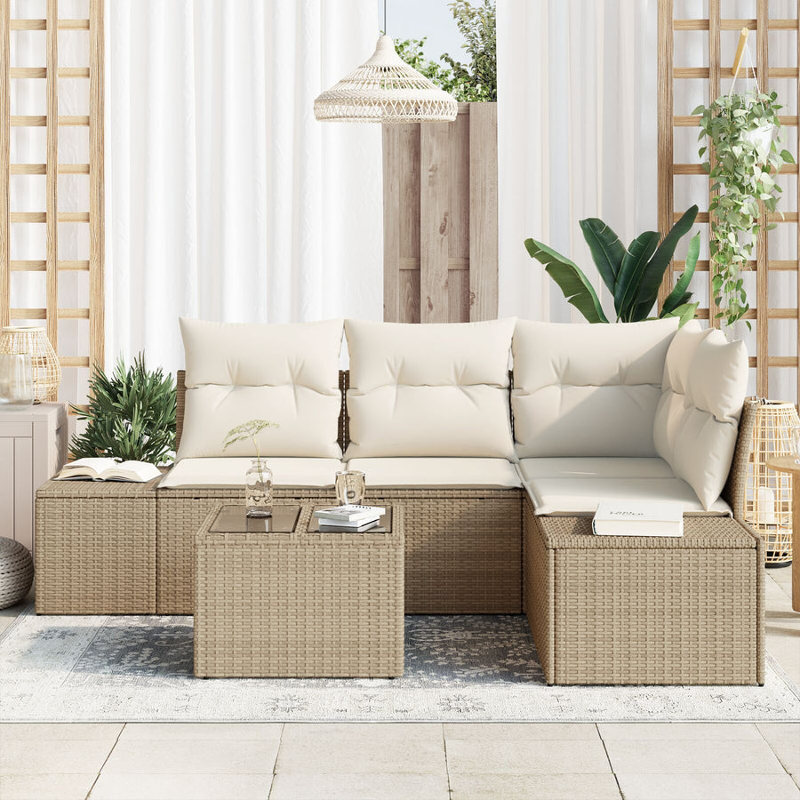 5-Delig Tuinbankstel Met Kussens Bruin Poly Rattan Beige en wit met tafel