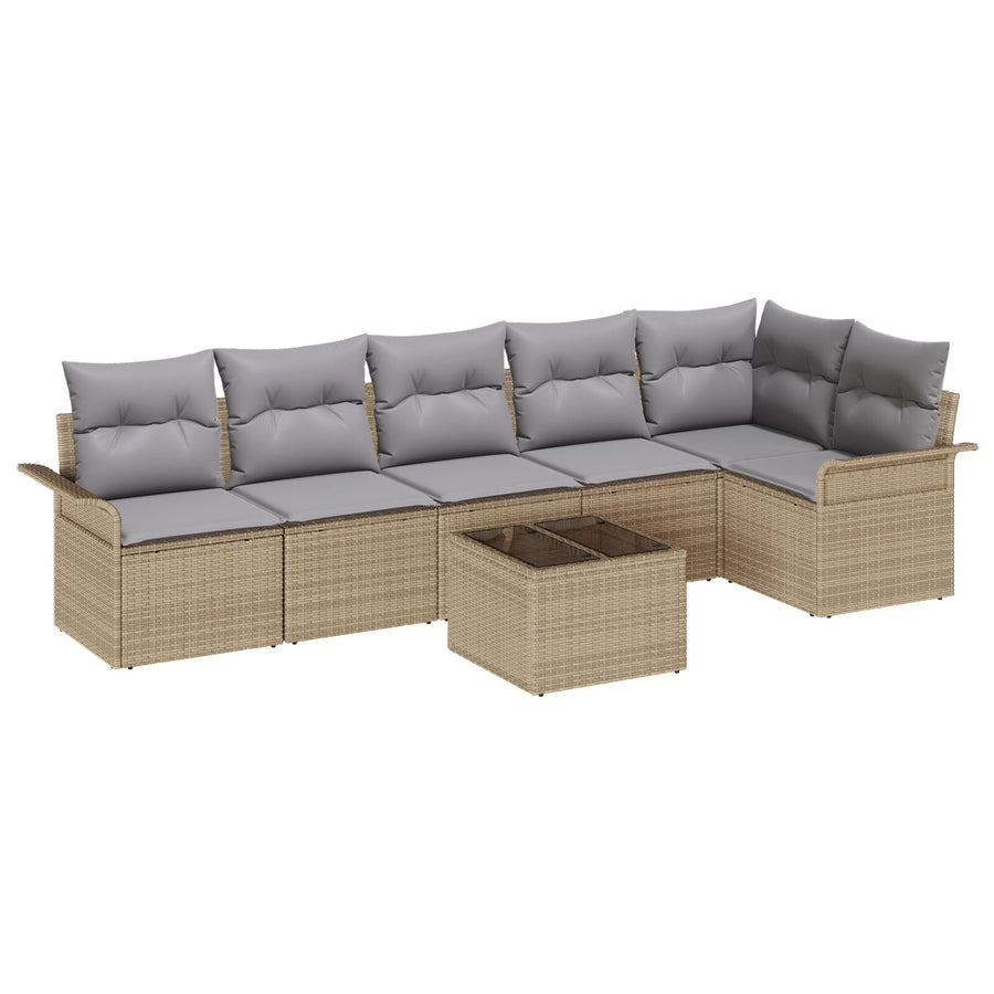 7-Delige Tuinsofa Set Met Kussens Zwart Poly Rattan Beige en grijs met tafel