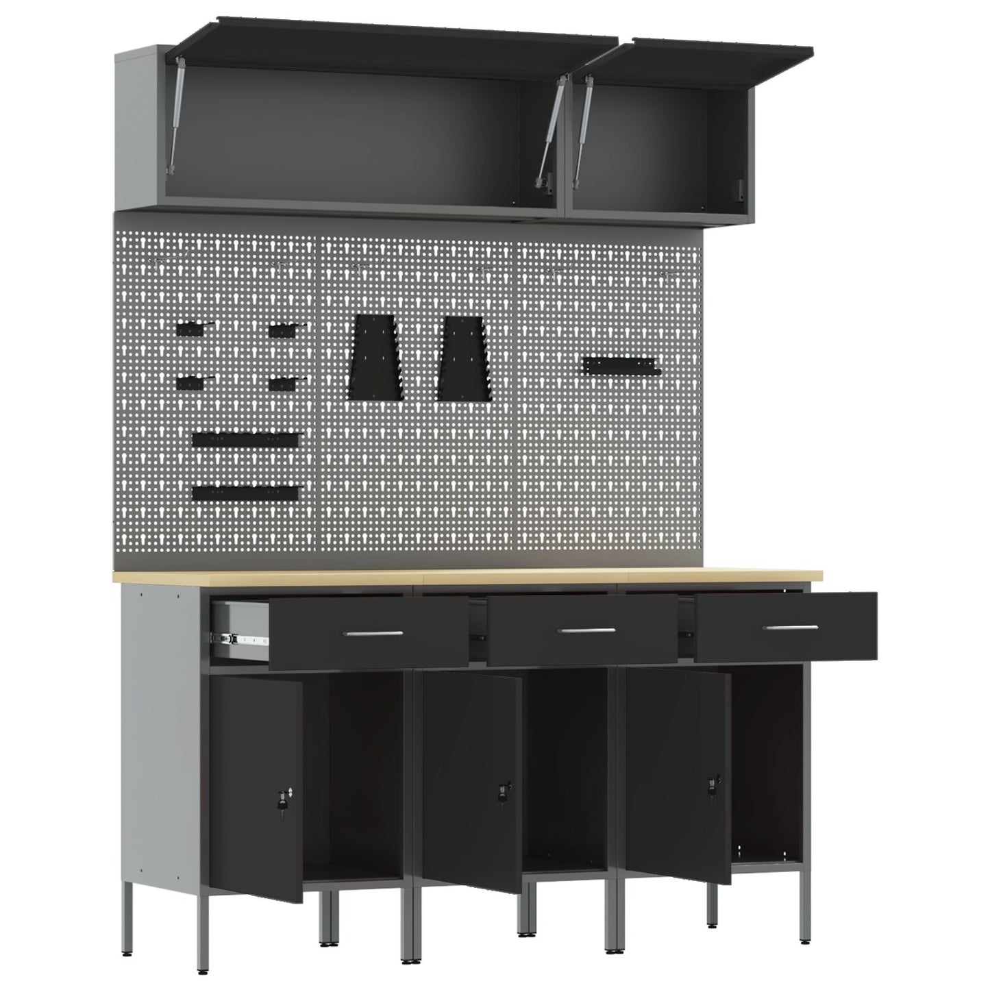 8-Delige Werkbankset - Staal 3x (84 cm) Zwart 3x kast + 3x pegboard + 2x kast met deur